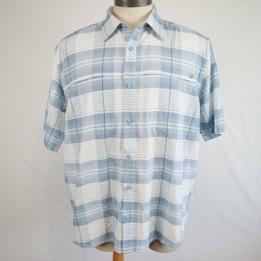 Wrangler Shirt Mens Large Outdoor Hiking Button Up Blue Plaid Short Sleeve